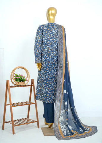 3 Piece Printed Stitched Navy Blue Color Lawn Shirt with Trouser & Dupatta