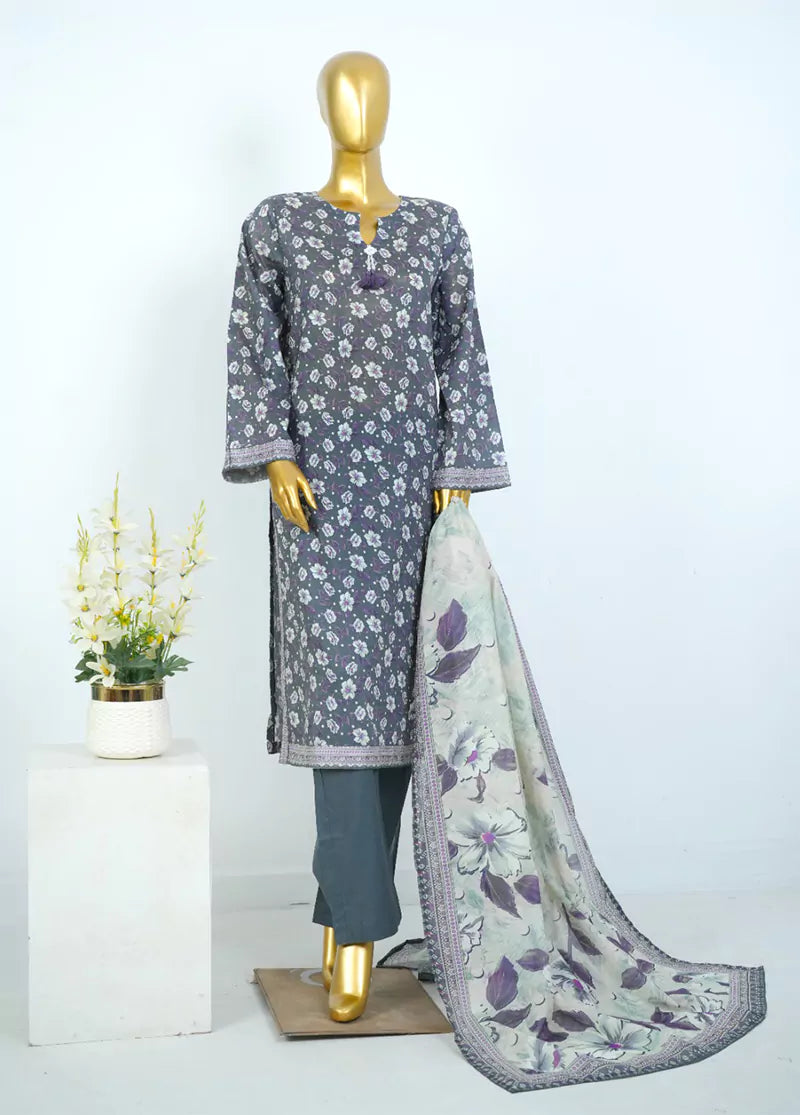 3 Piece Printed Stitched Grey Color Cotton Shirt with Trouser & Dupatta