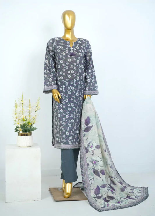 3 Piece Printed Stitched Grey Color Cotton Shirt with Trouser & Dupatta