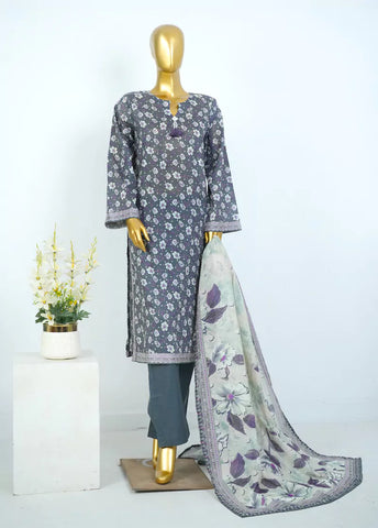3 Piece Printed Stitched Grey Color Cotton Shirt with Trouser & Dupatta
