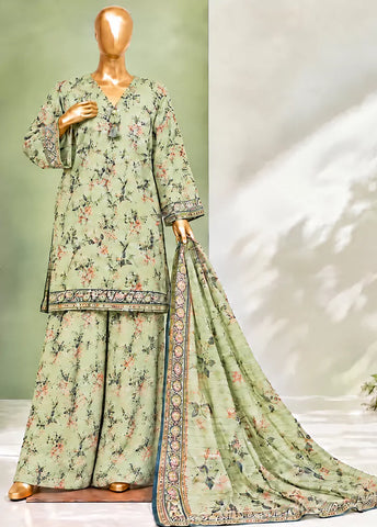 3 Piece Printed Stitched Pista Green Color Lawn Shirt with Farshi Trouser & Dupatta