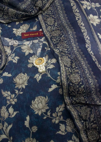 3 Piece Printed Stitched Navy Blue Color Lawn Shirt with Trouser & Dupatta