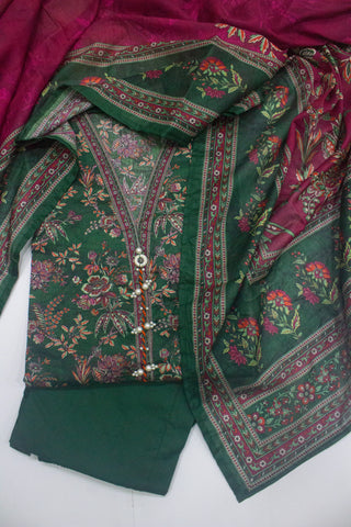 3 Piece Printed Stitched Bottle Green Color Lawn Shirt with Trouser & Dupatta