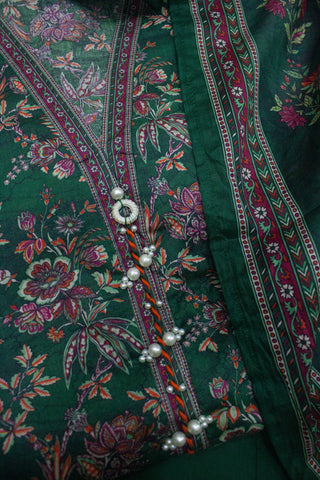 3 Piece Printed Stitched Bottle Green Color Lawn Shirt with Trouser & Dupatta