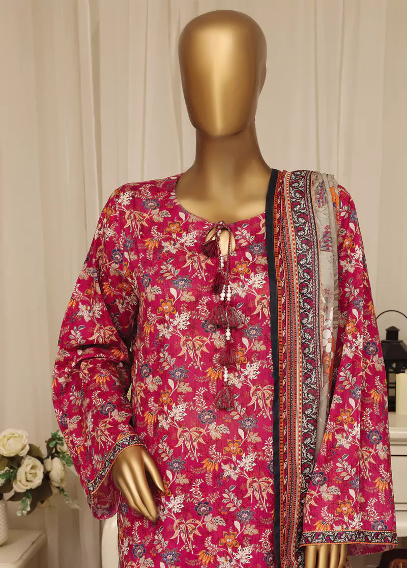 3 Piece Printed Stitched Red Color Lawn Shirt with Farshi Shalwar & Dupatta
