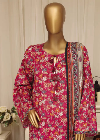 3 Piece Printed Stitched Red Color Lawn Shirt with Farshi Shalwar & Dupatta