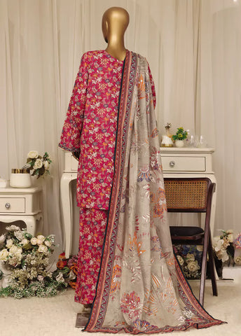 3 Piece Printed Stitched Red Color Lawn Shirt with Farshi Shalwar & Dupatta