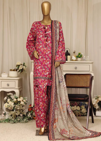 3 Piece Printed Stitched Red Color Lawn Shirt with Farshi Shalwar & Dupatta