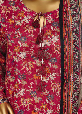 3 Piece Printed Stitched Red Color Lawn Shirt with Farshi Shalwar & Dupatta