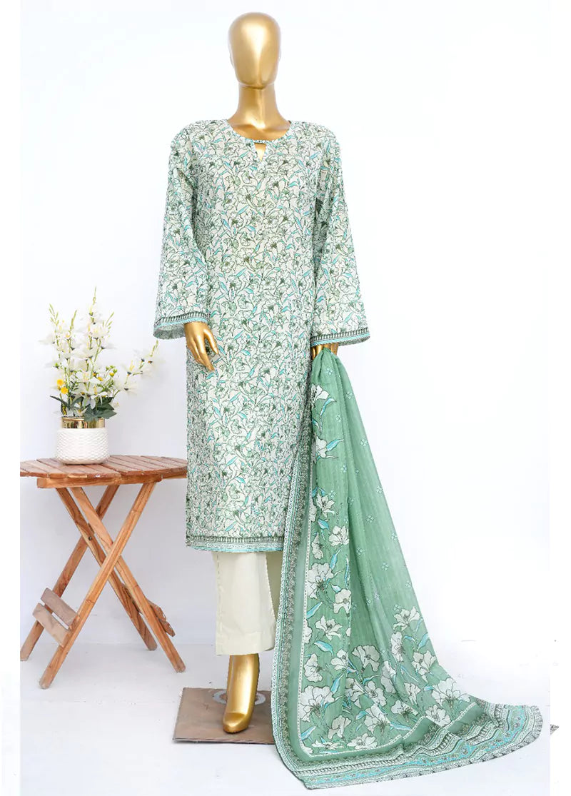 3 Piece Printed Stitched Mint Green Color Lawn Shirt with Trouser & Dupatta