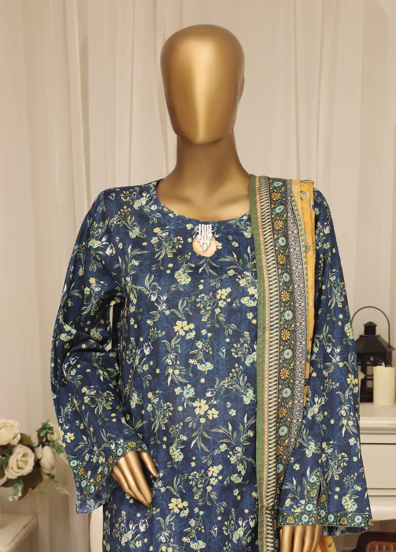3 Piece Printed Stitched Teal Color Lawn Shirt with Farshi Shalwar & Dupatta