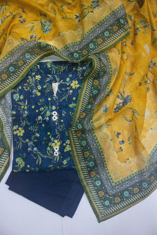 3 Piece Printed Stitched Navy Blue Color Lawn Shirt with Trouser & Dupatta