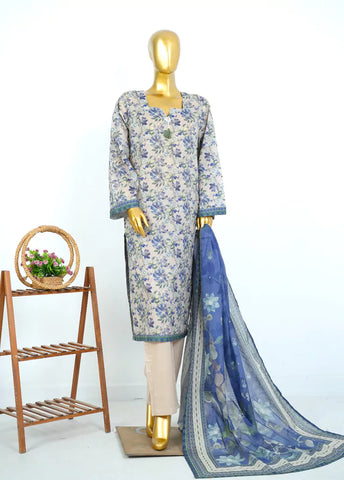 3 Piece Printed Stitched Beige Color Lawn Shirt with Trouser & Dupatta