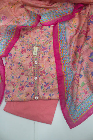 3 Piece Printed Stitched Pink Color Lawn Shirt with Trouser & Dupatta