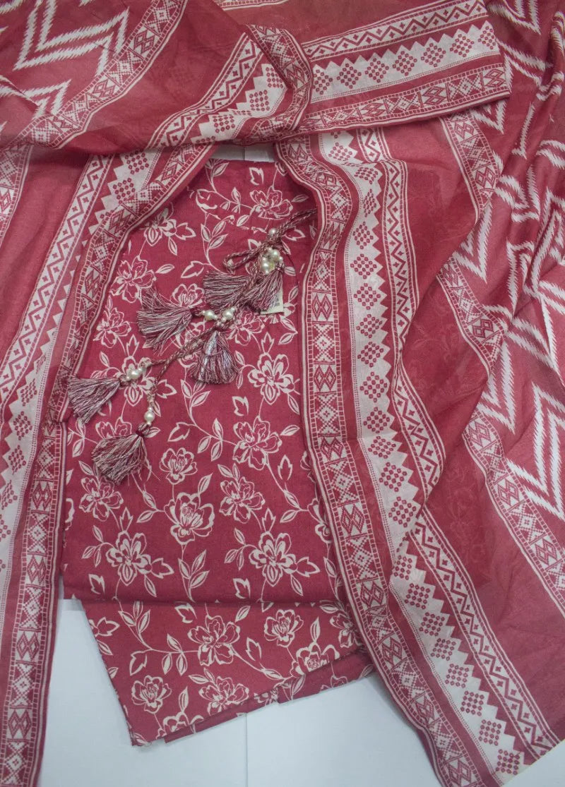 3 Piece Printed Stitched Watermelon Red Color Lawn Shirt with Farshi Shalwar & Dupatta
