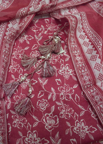 3 Piece Printed Stitched Watermelon Red Color Lawn Shirt with Farshi Shalwar & Dupatta