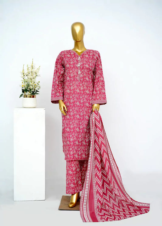 3 Piece Printed Stitched Red Color Lawn Shirt with Trouser & Dupatta