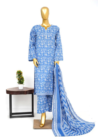 3 Piece Printed Stitched Blue Color Lawn Shirt with Trouser & Dupatta