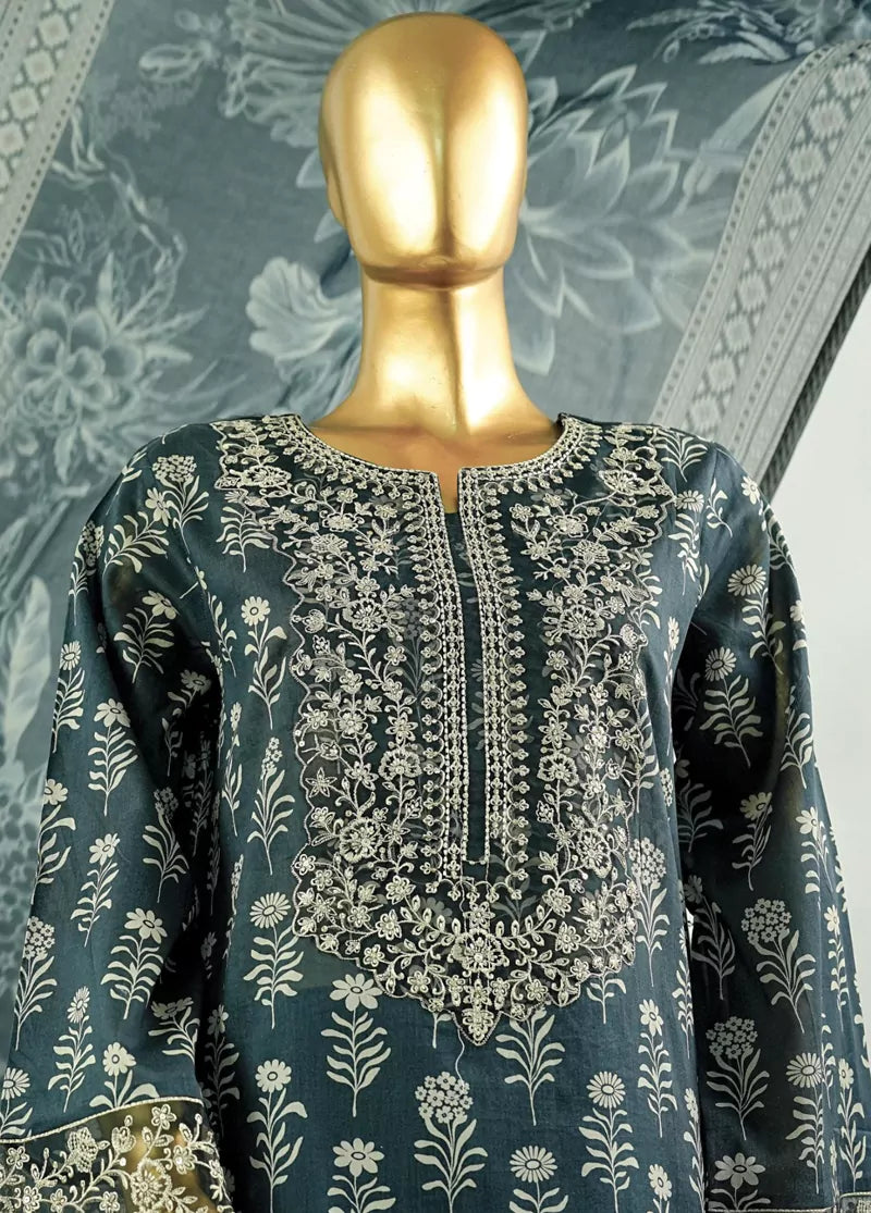 3 Piece Embroidred Stitched Bottle Green Color Cotton Suit with Trouser & Dupatta