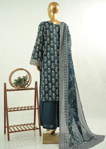3 Piece Embroidred Stitched Bottle Green Color Cotton Suit with Trouser & Dupatta