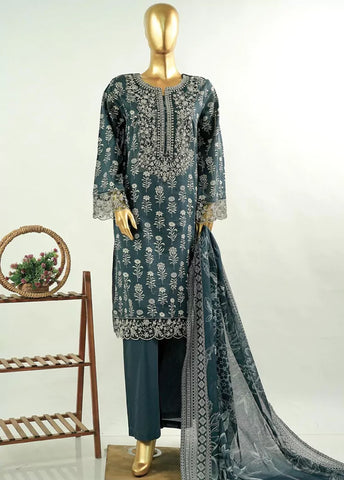 3 Piece Embroidred Stitched Bottle Green Color Cotton Suit with Trouser & Dupatta