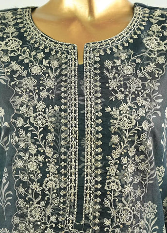 3 Piece Embroidred Stitched Bottle Green Color Cotton Suit with Trouser & Dupatta