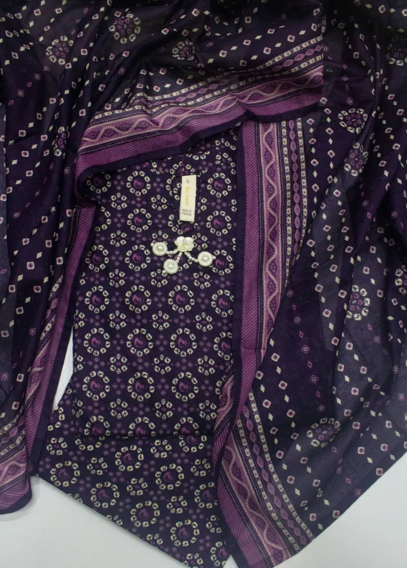 3 Piece Printed Stitched Purple Color Lawn Shirt with Trouser & Dupatta