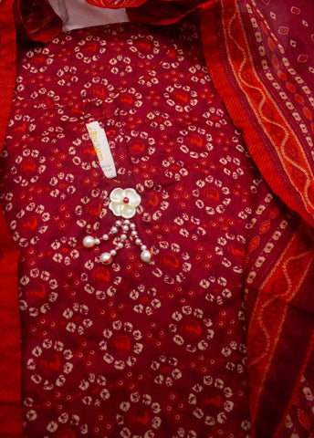 3 Piece Printed Stitched Red Color Lawn Shirt with Trouser & Dupatta