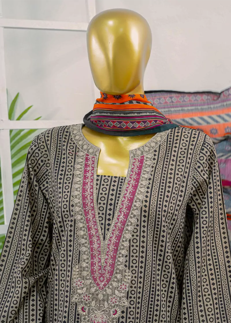 3 Piece Embroidred Stitched MultiColor Cotton Suit with Trouser & Dupatta