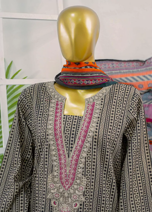 3 Piece Embroidred Stitched MultiColor Cotton Suit with Trouser & Dupatta