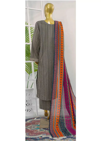 3 Piece Embroidred Stitched MultiColor Cotton Suit with Trouser & Dupatta