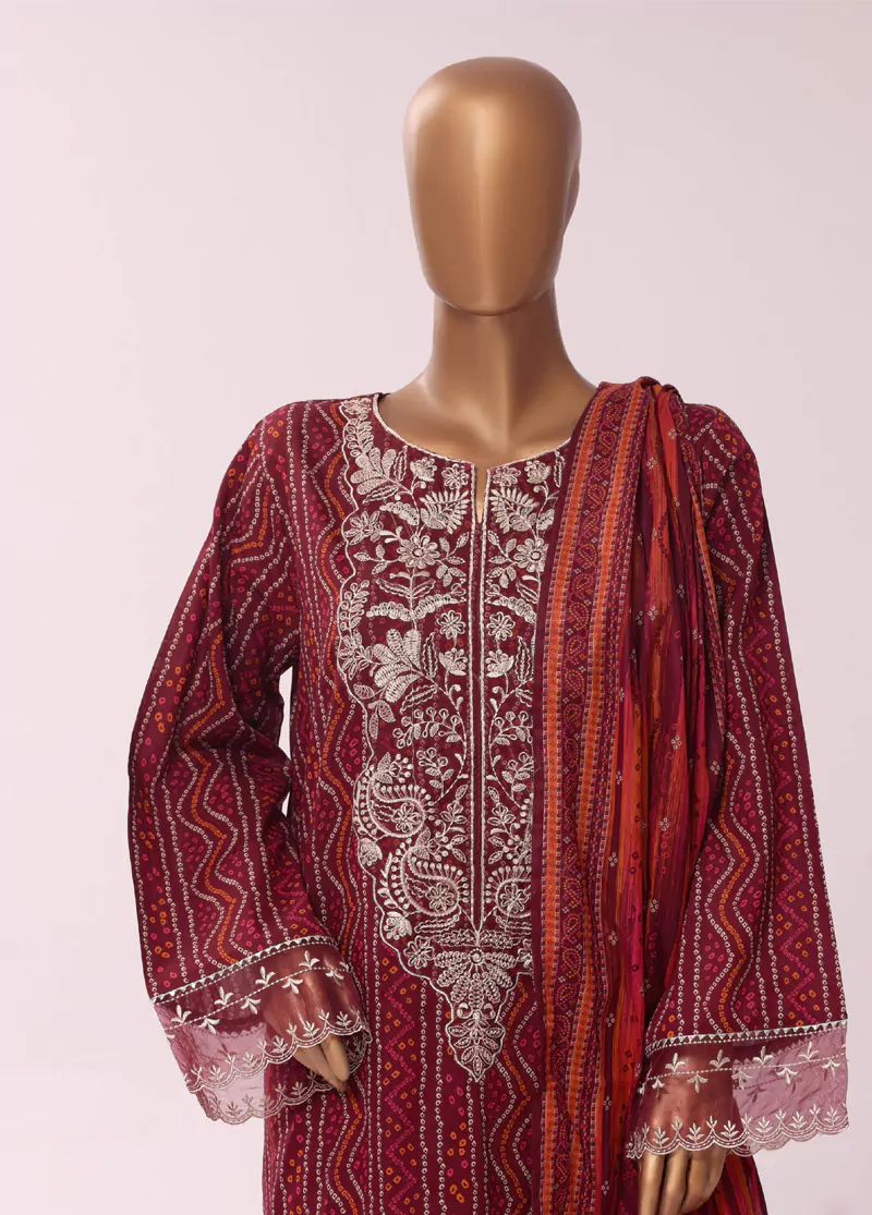 3 Piece Embroidred Stitched Red Color Cotton Suit with Trouser & Dupatta