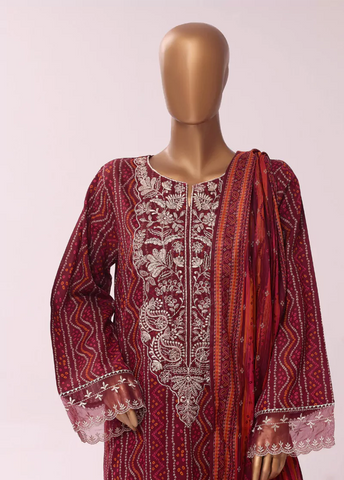 3 Piece Embroidred Stitched Red Color Cotton Suit with Trouser & Dupatta