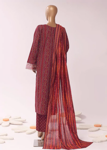 3 Piece Embroidred Stitched Red Color Cotton Suit with Trouser & Dupatta