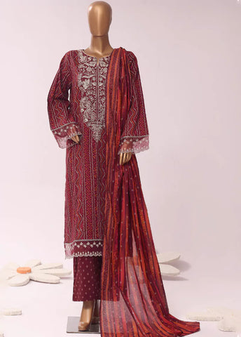 3 Piece Embroidred Stitched Red Color Cotton Suit with Trouser & Dupatta