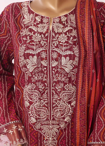 3 Piece Embroidred Stitched Red Color Cotton Suit with Trouser & Dupatta