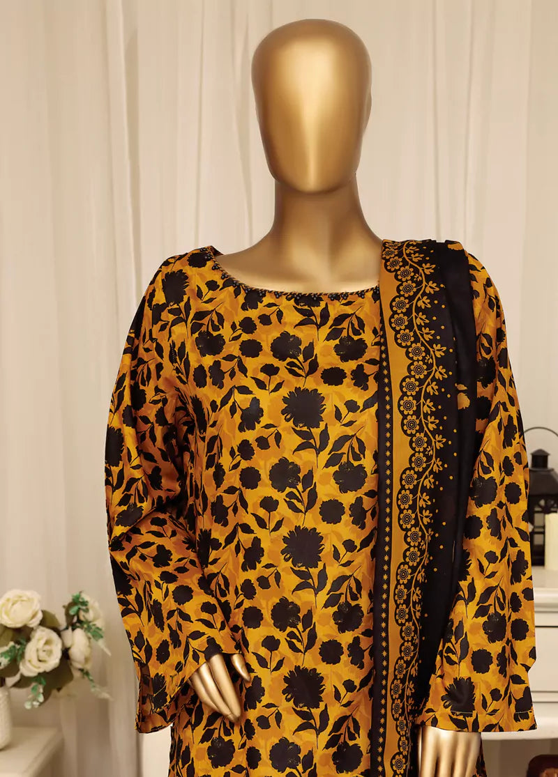 3 Piece Printed Stitched Orange Color Lawn Shirt with Farshi Shalwar & Dupatta