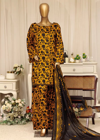 3 Piece Printed Stitched Orange Color Lawn Shirt with Farshi Shalwar & Dupatta