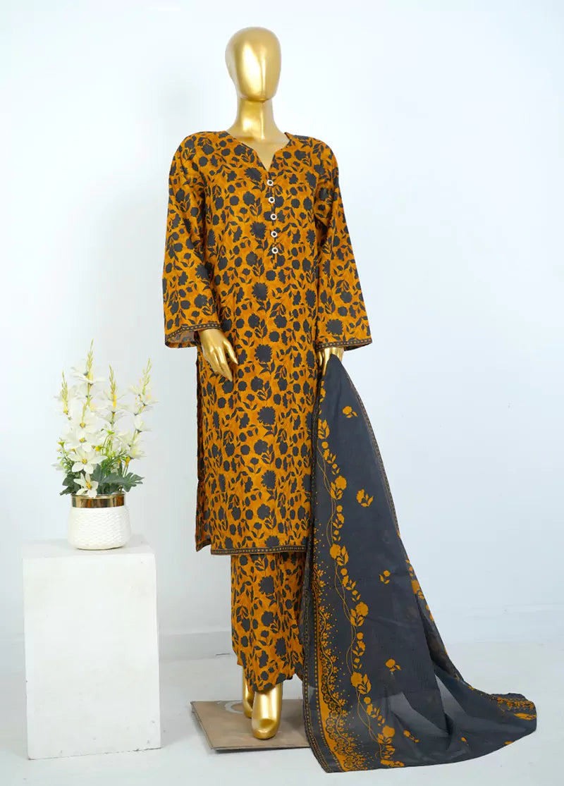 3 Piece Printed Stitched Mustard Color Lawn Shirt with Trouser & Dupatta