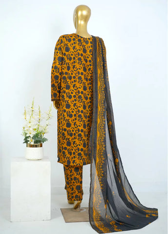 3 Piece Printed Stitched Mustard Color Lawn Shirt with Trouser & Dupatta