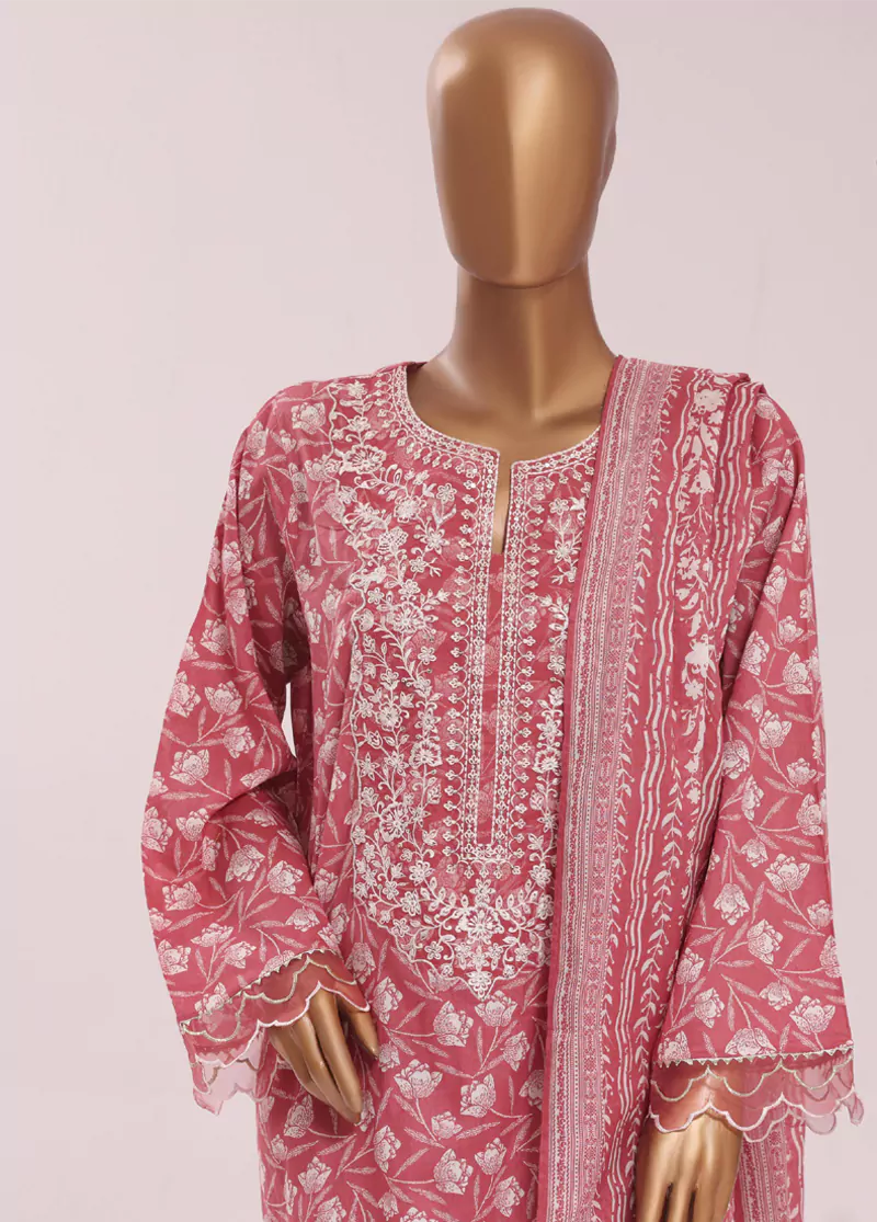 3 Piece Embroidred Stitched Coral Pink Color Cotton Suit with Trouser & Dupatta