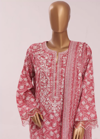 3 Piece Embroidred Stitched Coral Pink Color Cotton Suit with Trouser & Dupatta