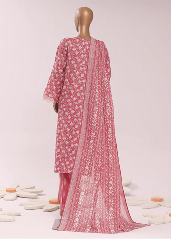 3 Piece Embroidred Stitched Coral Pink Color Cotton Suit with Trouser & Dupatta