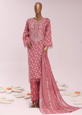 3 Piece Embroidred Stitched Coral Pink Color Cotton Suit with Trouser & Dupatta