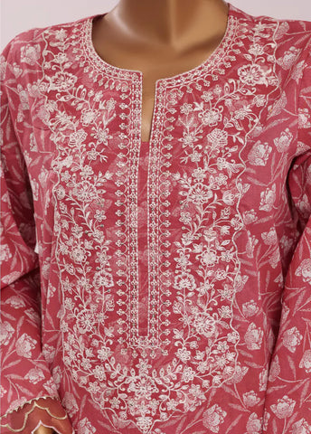 3 Piece Embroidred Stitched Coral Pink Color Cotton Suit with Trouser & Dupatta
