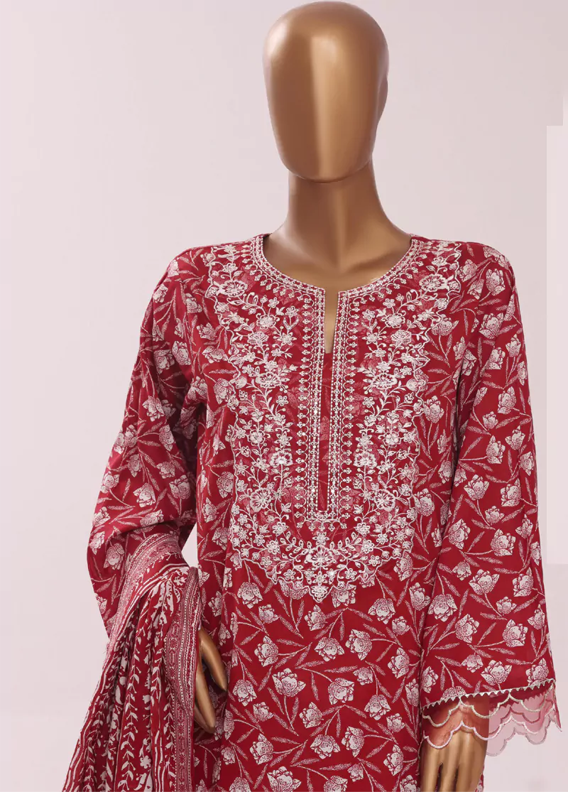 3 Piece Embroidred Stitched Red Color Cotton Suit with Trouser & Dupatta