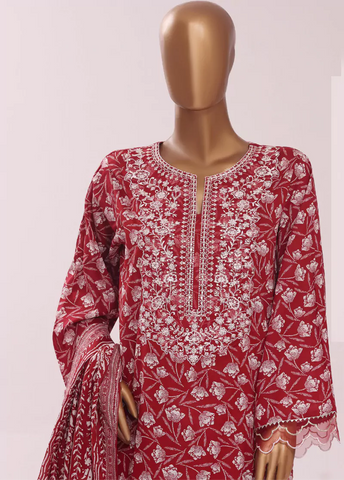 3 Piece Embroidred Stitched Red Color Cotton Suit with Trouser & Dupatta