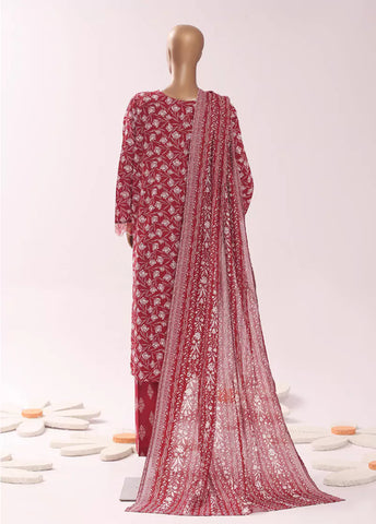 3 Piece Embroidred Stitched Red Color Cotton Suit with Trouser & Dupatta