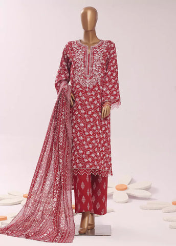 3 Piece Embroidred Stitched Red Color Cotton Suit with Trouser & Dupatta
