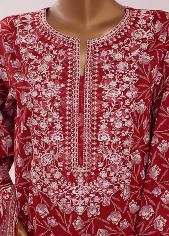 3 Piece Embroidred Stitched Red Color Cotton Suit with Trouser & Dupatta